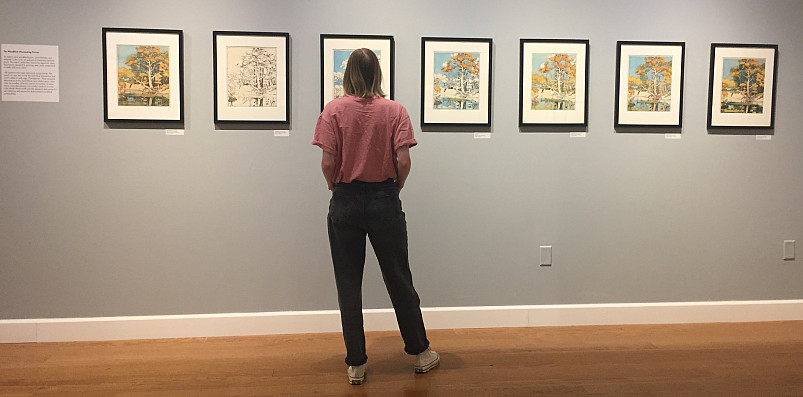 Student looking at woodblock print process.