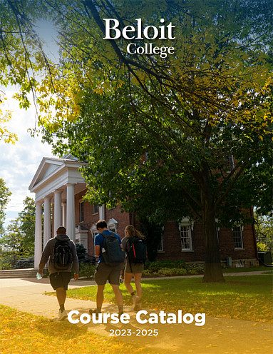 The text Beloit College Course Catalog 2023-2025 over an image of students walking together to class.