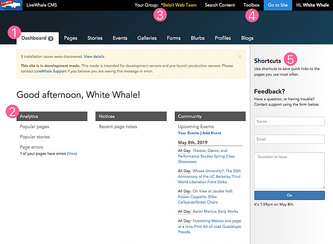 A tour of the LiveWhale dashboard.