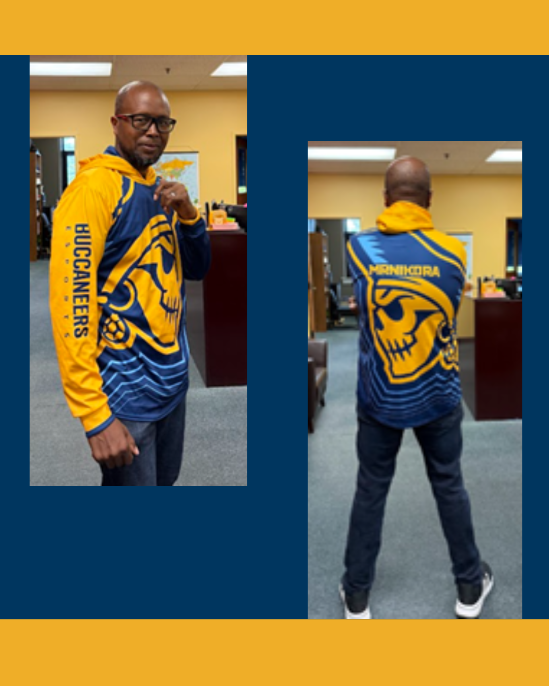 Beloit College esports supporter Dean of Students Ron Watson shows off his honorary esports jersey.