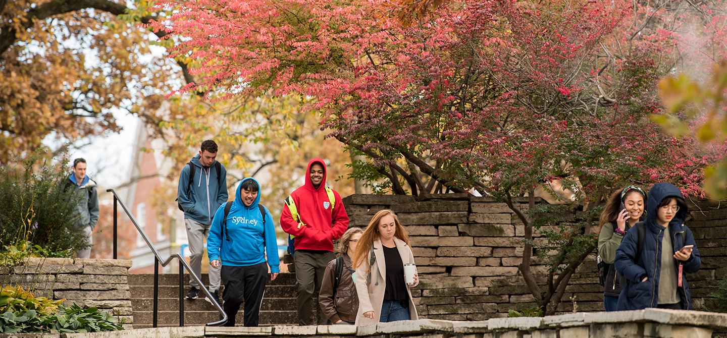 Students walking outside on a fall day.