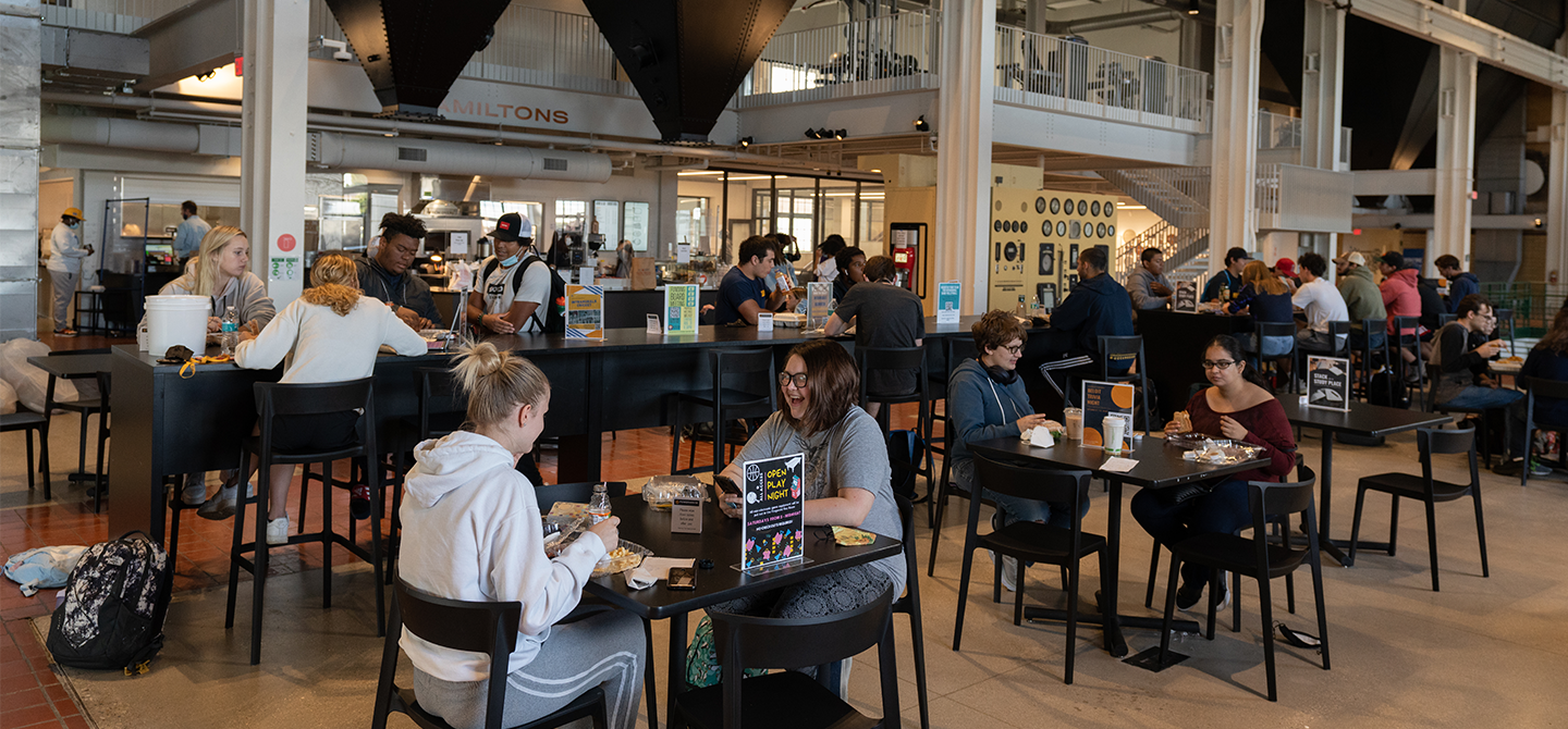 Students enjoy a good meal and quality time with friends at Hamilton's, the cafe in the Powerhouse.