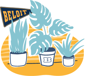 A series of potted plants with a Beloit pennant.