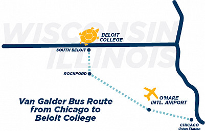 Map showing the Van Galder bus route from Chicago and O'Hare Airport to Beloit.