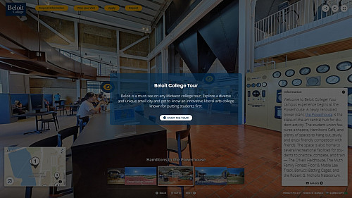 The initial screen of the Beloit College Virtual Campus Tour, welcoming users to the Powerhouse.