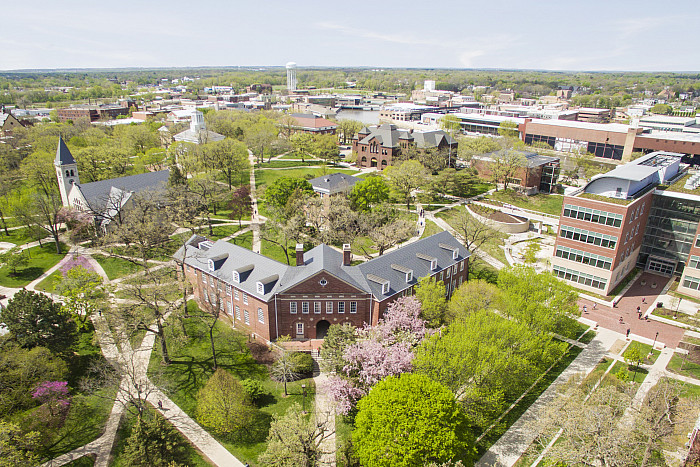 The aerial view of Beloit College campus in spring.