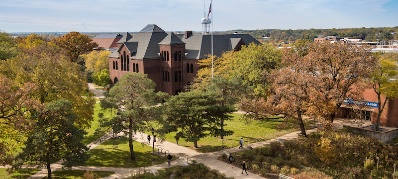 Overhead image of the academic side of campus looking at Pearsons.