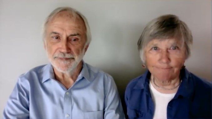 Chis Padon'71 and Beth Flickinger Padon'70 accepting their 2020 and 2021 Distinguished Service Citation from their home.