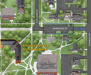 A section of the campus map, showing parking on Emerson Street and the Advancement-Alumni office in Morse-Ingersoll.