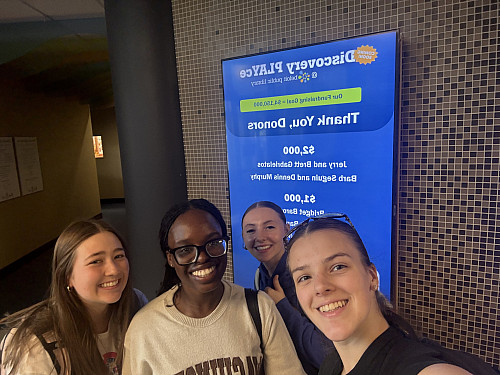 From left to right: Bailey Darneal '27, Yaa Boatemaa Akosa '27, Julia Kennedy '28, and Kateri Zitzelsberger '25 at the Beloit Public Libr...