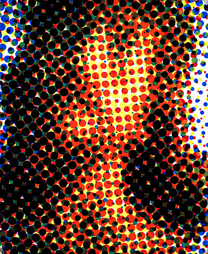 This screen print portrait by Leland Meiners '09 uses oversized benday dots to create distortion.