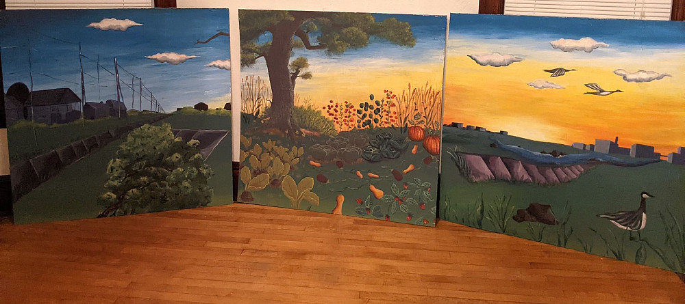 Mural for Merrill Community garden, 2020, 4x12 feet, house paint and oil on plywood.