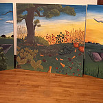 Mural for Merrill Community garden, 2020, 4x12 feet, house paint and oil on plywood.