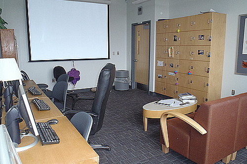 The geology student room provides students a space to work, store belongings, relax between classes, and watch movies.