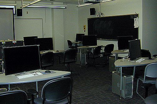 The GIS (geographic information systems) and Visualization Lab has nine workstations, a large format scanner, and a large format printer.