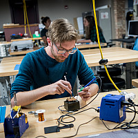 Working with Electronics A student works on an electronics project in the Maker Lab of the Center of Entrepreneurship.