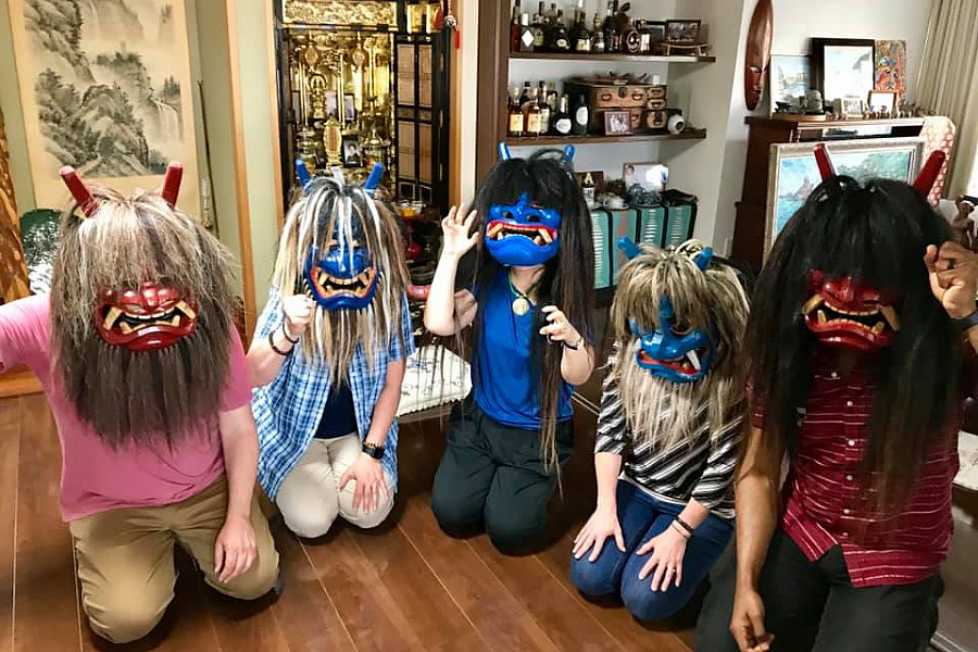 Five Beloit professors wear Namahage masks on the Oga Peninsula.