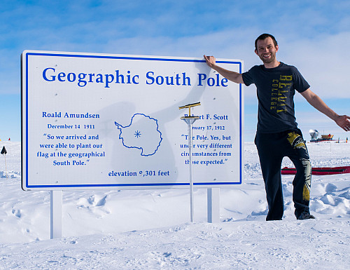 Michael Cumrine'13 at the Geographic South Pole in Beloit College Gear