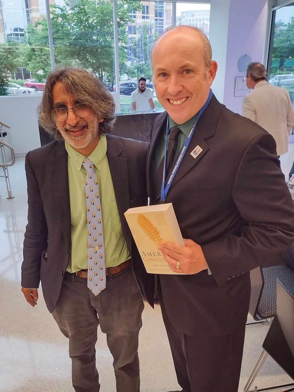 Jimmy Grant'96 and Akhil Amar Recently awarded James Madison Fellow Jimmy Grant'96, right, is pictured with noted constitutional law scholar Akhil Amar during the Jame...