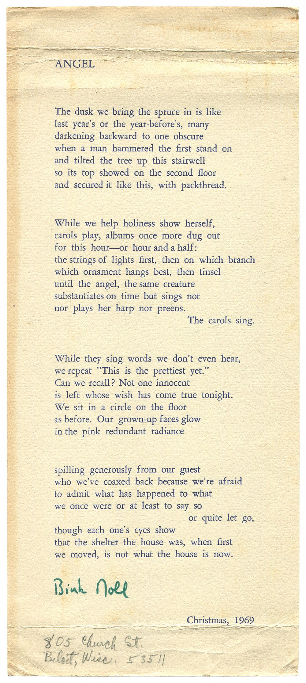 The poem Angel by Bink Noll on paper, signed broadside, 1969.
