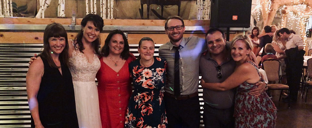 Emily Polak-Perez'03 had a small reunion of Beloit alumni for her wedding on Aug. 10, 2019, in Saugatuck, Mich. Pictured from left are Ke...
