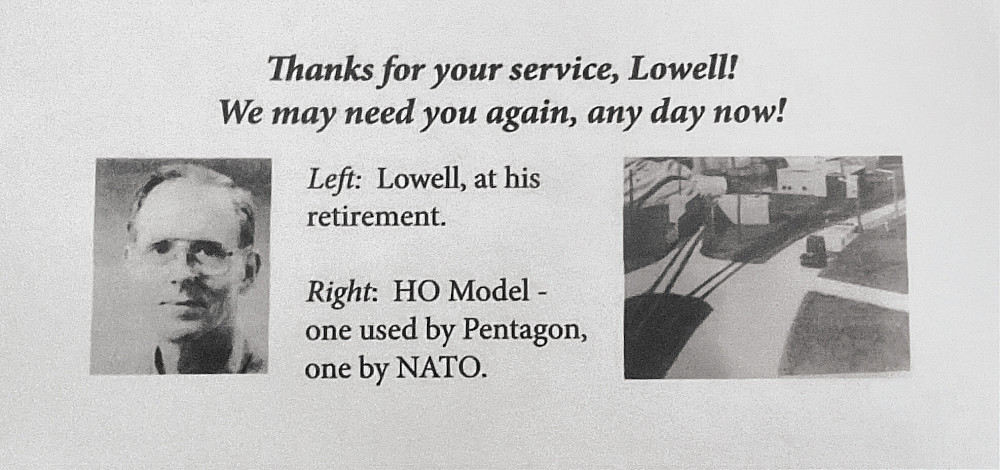 A section of a program thanking Lowell Jones '61 for his service to the government and models made for Pentagon and NATO.