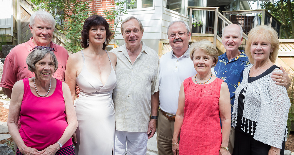 Beloiters gather at the wedding of Dean Knight'66 and Susan Veenstra in Kitchener, Ontario, on July 20, 2019. Shown from left are Brent K...