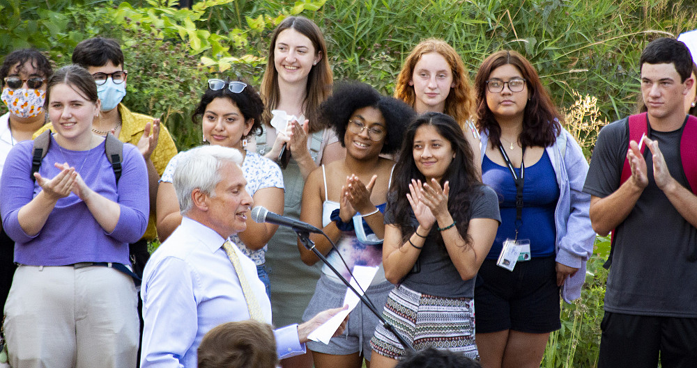 President Scott Bierman speaks to the Class of 2025 during the 2021 Convocation ceremony.