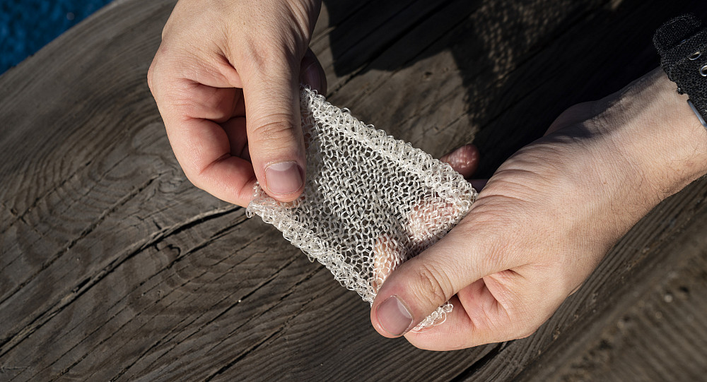 Extremely strong and flexible, AlgiKnit's yarn like material is made from kelp and is used for durable products like sneakers and bags.