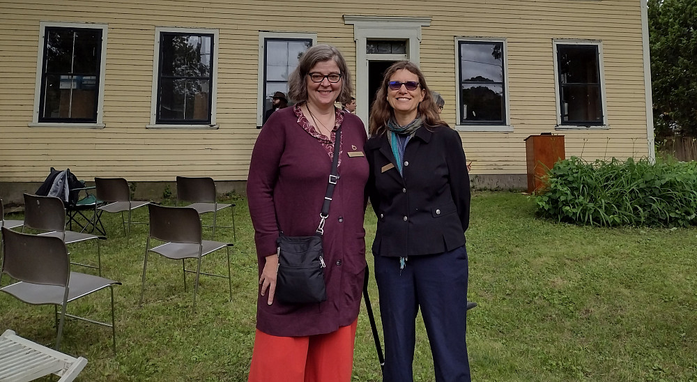 Elizabeth Cornell Burrows'91, left, and Michelle Bossard Bos-Lun'87 attend the unveiling of a historical marker on Juneteenth weekend in ...