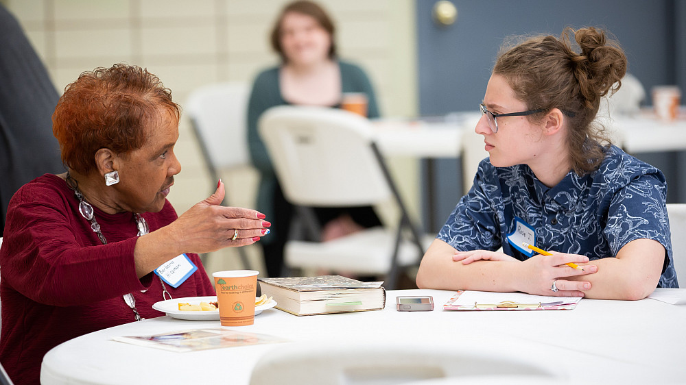 Rose Johnson'20 listens to Barbara Hickman, a retired Beloit educator and niece of Ida Gladney, one of the protagonists in The Warmth of ...