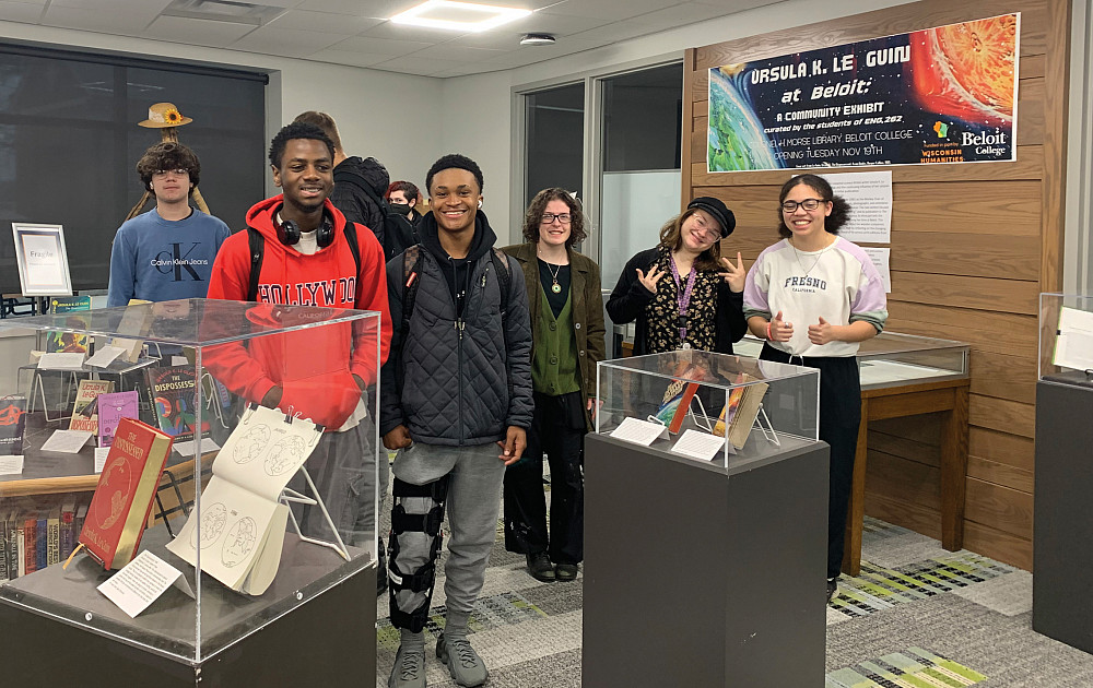 Students at the Ursula Le Guin exhibit in Morse Library.