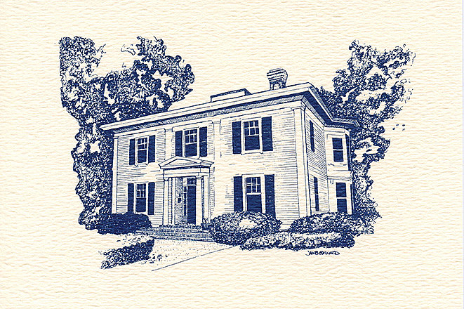 An invitation to a party held at the President's House, a stylized view of the house from the fro...