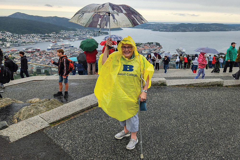 Joy Brown'72 Joy Brown'72 sporting her Beloit rain poncho in Bergen, Norway, last summer.