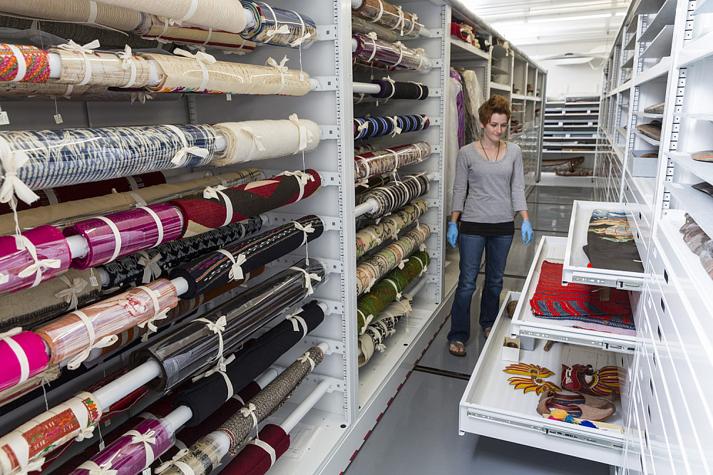 Assistant Curator Krista Barry'15 in the textile storage area of the Logan Museum of Anthropology.