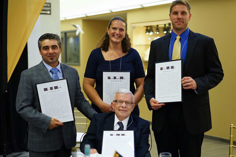 The 2016 Athletic Hall of Honor inductees are from left, back row: Marc Montoya'00, Brenda Erdman Miller'96, and Josh Hinz