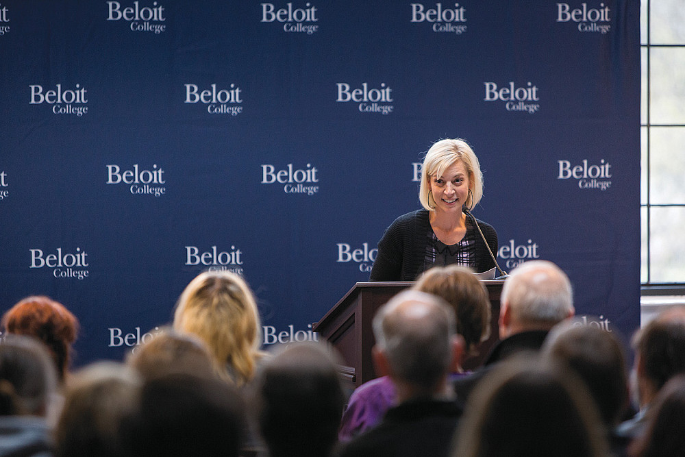 Jill Budny (political science) accepts the Underkofler Award on campus last April. The teaching honor is based on student nominations.