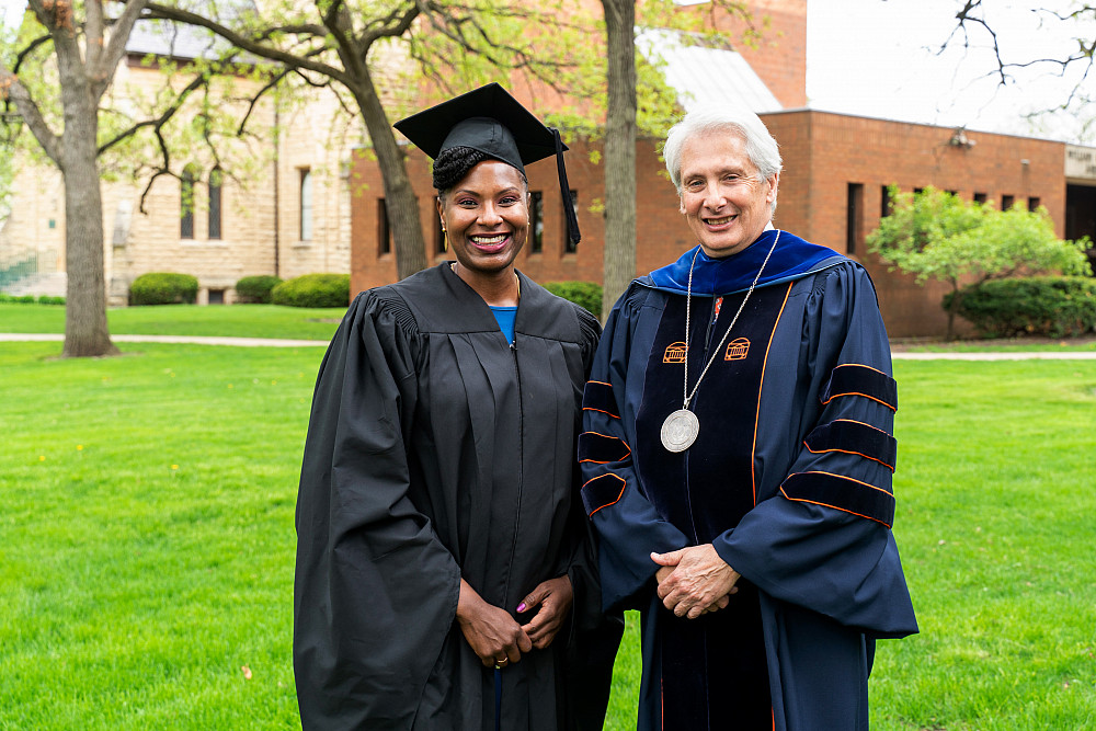 Beloit's 2022 Commencement speaker Tori Key'03 with President Scott Bierman.