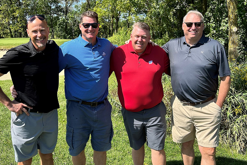 Class Notes - Basketball Alumni Golf Outing Lance Randall'94, Erik Quamme'96, Gary Grocholski'93, and Mark Sobczak'93.