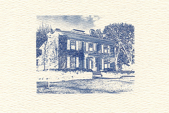 An invitation to a party held at the President's House, a stylized view of the house from the fro...