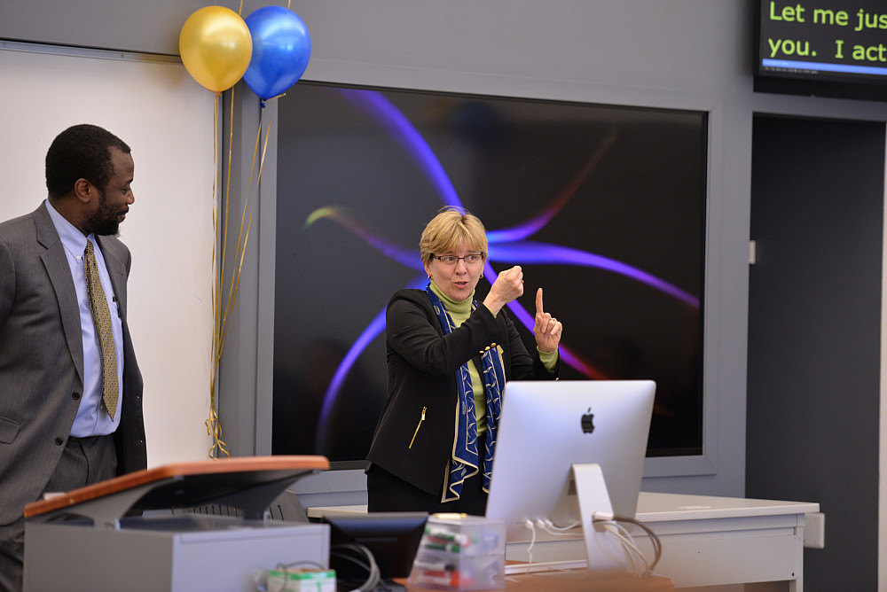 Bobbi Cordano'86 gives remarks to Gallaudet University's Staff Council in January, just after taking office as university president.