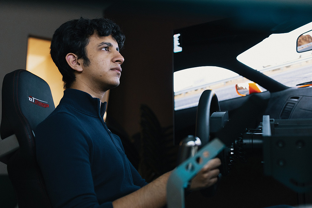 Faiq Ahmad'26 at the Racing Sim at CELEB, Beloit's Center for Entrepreneurship