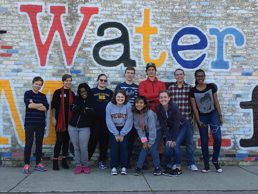 Chris Fink's In Search of the Poet class in front of the downtown Fort Atkinson mural, 2017.