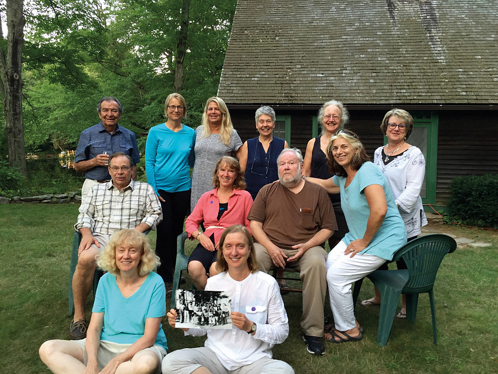 El Grupo during a 2016 Connecticut reunion, left to right: On the ground: Karen Goodhope, and Betsy Murray (holding 1974 photo). Seated: ...
