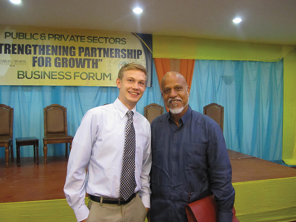 A Beloit course connected Arthur Staub'14, left, with BELTRAIDE, Belize's economic development agency and with Prime Minister of Belize D...