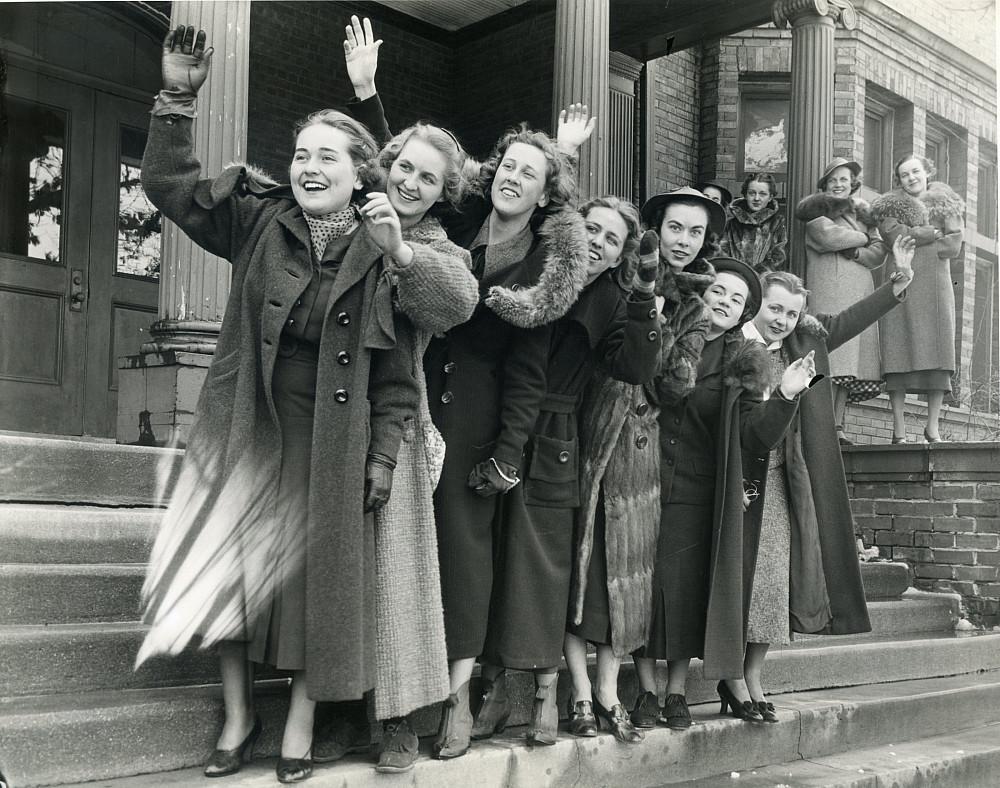 Students pose in front of Emerson Hall in the 1930s when the residence hall was exclusively for women.