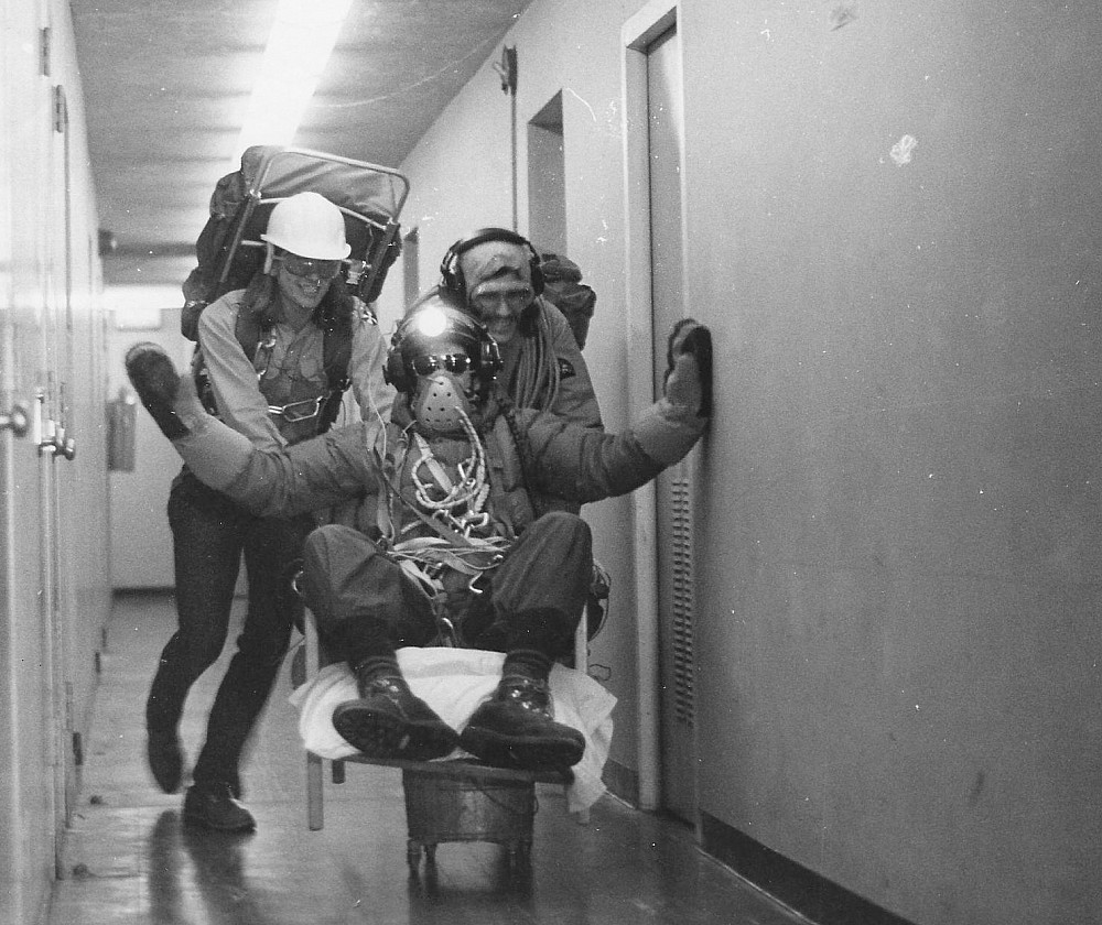 The Basic Elmos' experiments with rocket sleds in Chapin Hall were inspired by a physics class. Seated is Len Pagliaro'76, with Phil Eric...