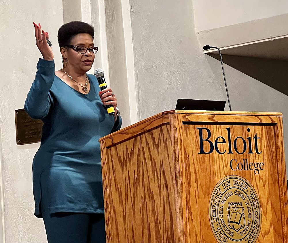 Vera Jones giving a Black History Month keynote address at Beloit College.