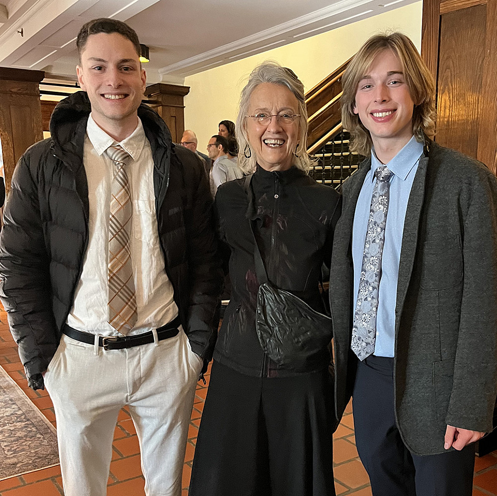 Nor Hall'69, Nate Otis'26, and Irakli Maisuradze'23 Nor Hall'69 meeting her grandson Nate Otis'26 and his friend Irakli Maisuradze'23.