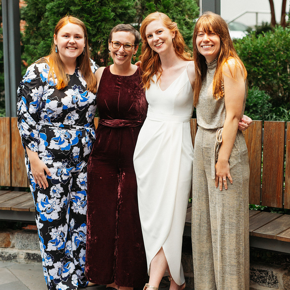 Class of 2010 Beloiters Kim Ballinger, Marta Bornstein, Emily Knapp, and Emma Ramsbottom are shown at Emily's October 2021 wedding t...